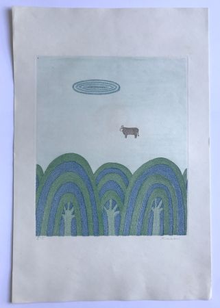 Acquatinta Minami - Sans titre (3 arbres et 1 vache)