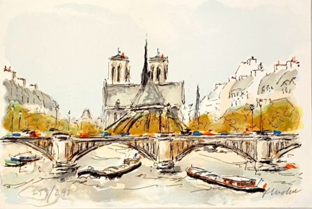 Litografia Huchet - Seine et Notre-Dame de Paris