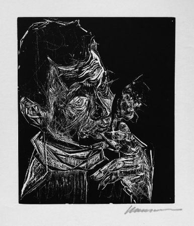 Incisione Su Legno Hansen-Bahia - Selbstbildnis, rauchend / Self-Portrait, Smoking