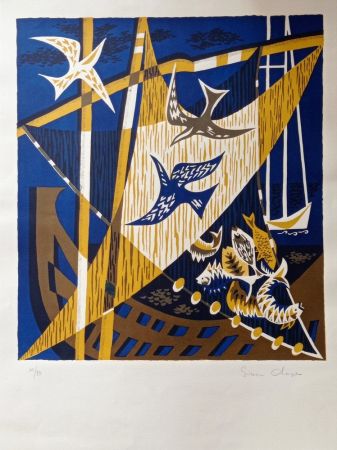 Litografia Unknown - Simon Chaye(n.1930) - Composition with Birds, 1970s, Hand signed  Lithograph