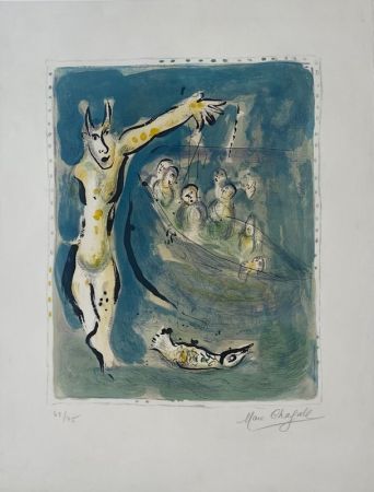 Litografia Chagall - Sur la terre des Dieux (Planche 7) : Près des eaux d'Aulis blanches de remous quand les voiles carguées, les soutes vides firent gronder la rumeur des soldats (Eschyle) 