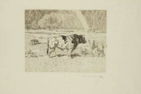 Incisione Lunois - Taureau dans un pré / Bull in a Meadow