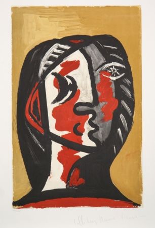 Litografia Picasso - Tete de Femme en Gris et Rouge sur Fond Ochre