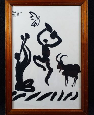 Litografia Picasso - The flute player with fauns, Lithograph on Arches paper