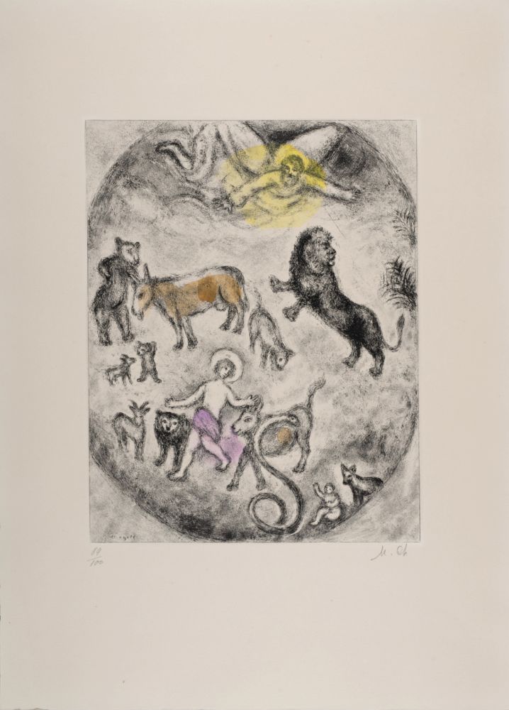 Incisione Chagall - The reconciliation of all the creatures (Isaiah 11: 5-9), 1958 - Hand-signed & Hand-colored!