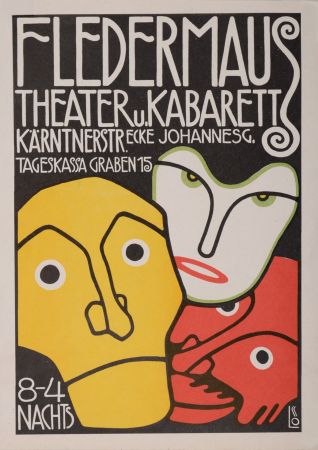 Litografia Löffler - Three Masks, Fledermaus Theater and Cabaret, 1907