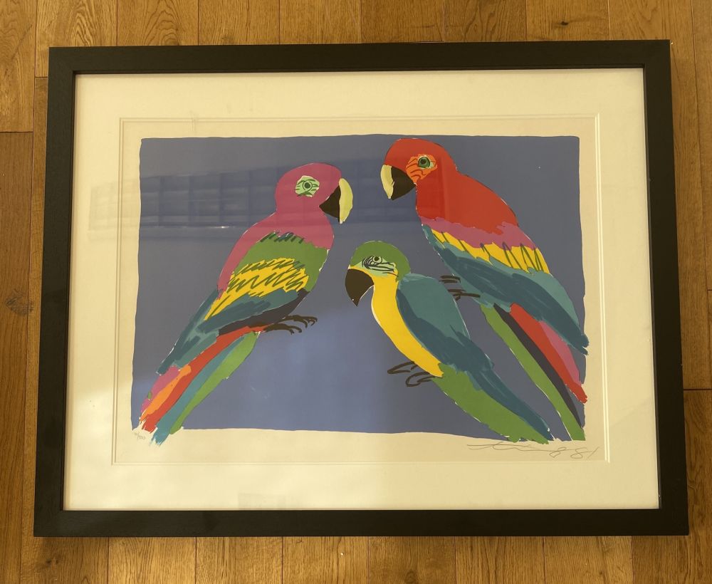 Linoincisione Ting - Three Parrots 