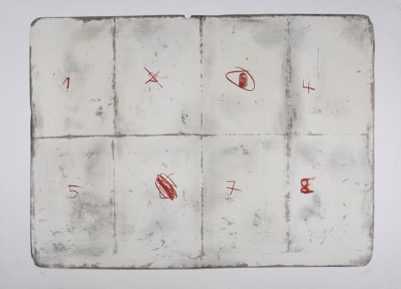 Litografia Tàpies - Toile pliée et chiffres, 1974 - Hand-signed