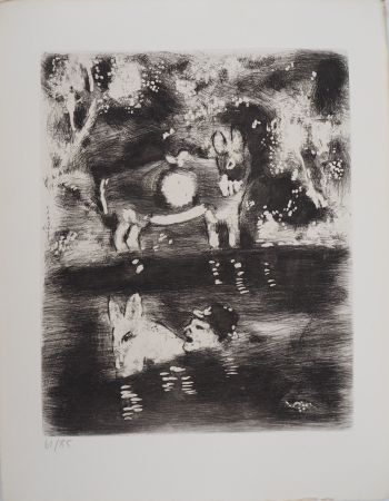 Incisione Chagall - Traversée de la rivière (L'âne chargé d'éponges et l'âne chargé de sel)