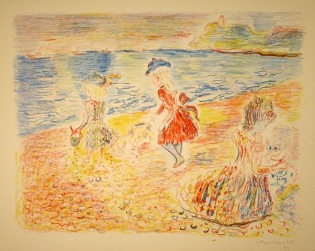 Litografia Terechkovich - Trois enfants sur une plage / Drei spielende Mädchen am Strand