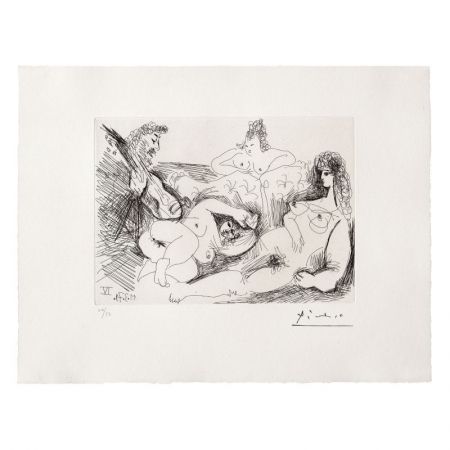Acquaforte E Acquatinta Picasso - Trois Femmes nues écoutant un joueur de guitare