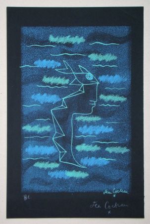 Litografia Cocteau - Tête d'homme aux yeux poisson