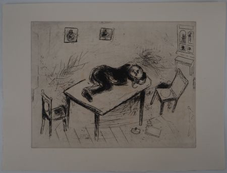 Incisione Chagall - Une sieste spartiate, (Tchitchikov couchait au bureau)