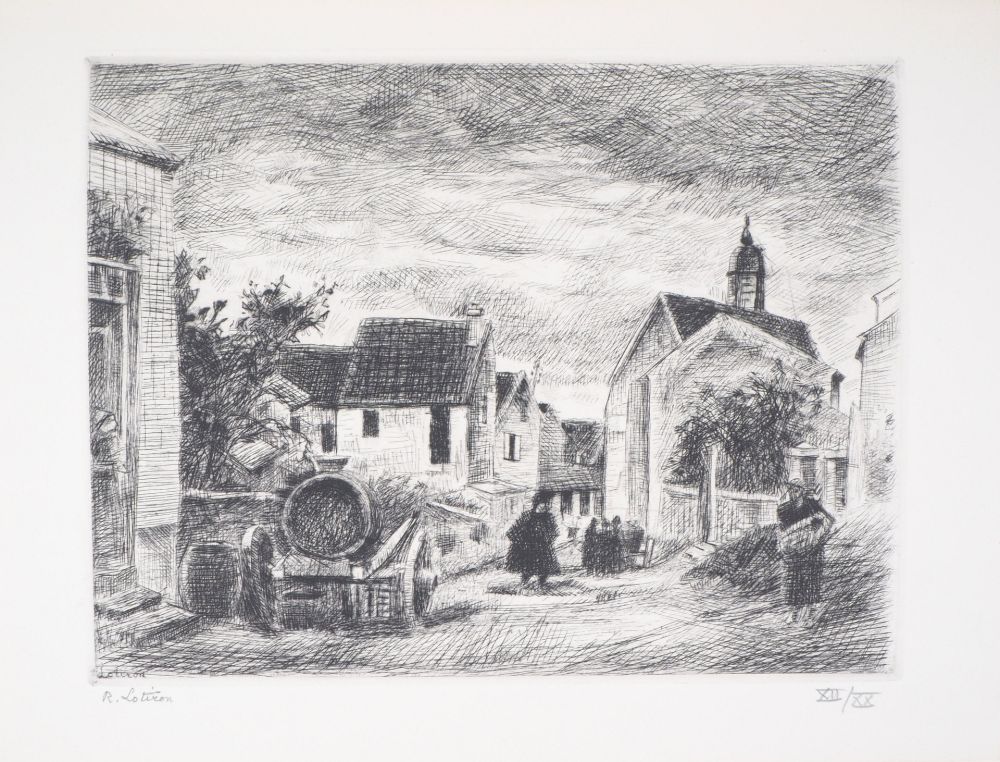 Incisione Lotiron - Village et petite chapelle