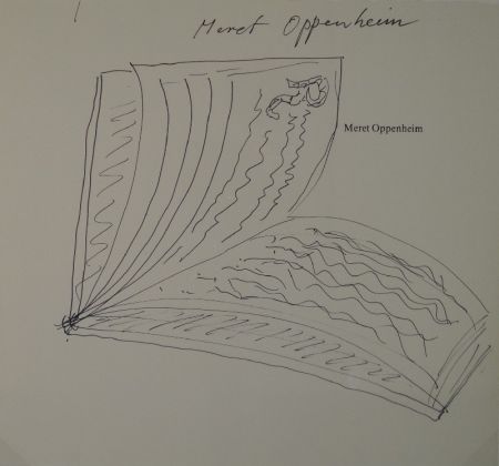 Non Tecnico Oppenheim - Widmungszeichnung eines aufgeschlagenen Buches mit Initial R. auf dem Vortitel eines Buchs mit gedrucktem Namen “Meret Oppenheim“