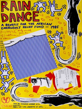 Litografia Haring - (with Andy Warhol, Jean Michel Basquiat, Roy Lichtenstein & Yoko Ono) - Rain Dance, 1985 - Rare first printing!
