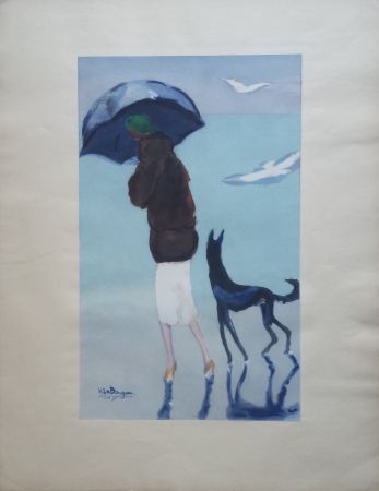 Pochoir Van Dongen - Woman with a dog walking on the beach