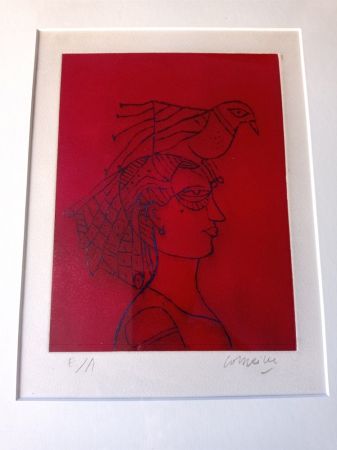 Acquaforte E Acquatinta Corneille - Woman with Bird, Hand-signed Etching in color