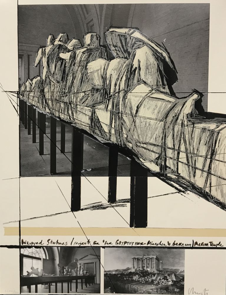 Serigrafia Christo & Jeanne-Claude - Wrapped Statues – Project for DerGlypotek-Munchen, West Germany, Aegina Temple