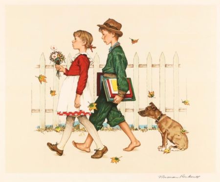 Litografia Rockwell  - Young Love: Walking to School
