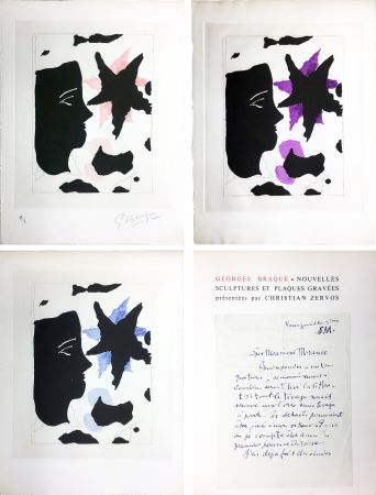 Libro Illustrato Braque - Zervos : BRAQUE. Nouvelles sculptures et plaques gravées. L'exemplaire de l'éditeur avec 3 GRAVURES (1960).