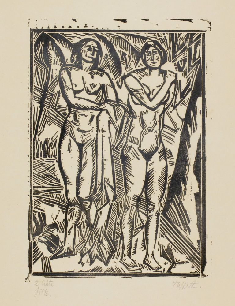 Incisione Su Legno Tappert - Zwei stehende weibliche Akte mit Tuch (Two standing female nudes with cloth)