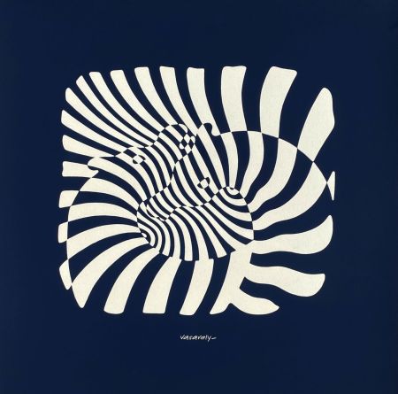Serigrafia Vasarely - Zèbres sur fond bleu